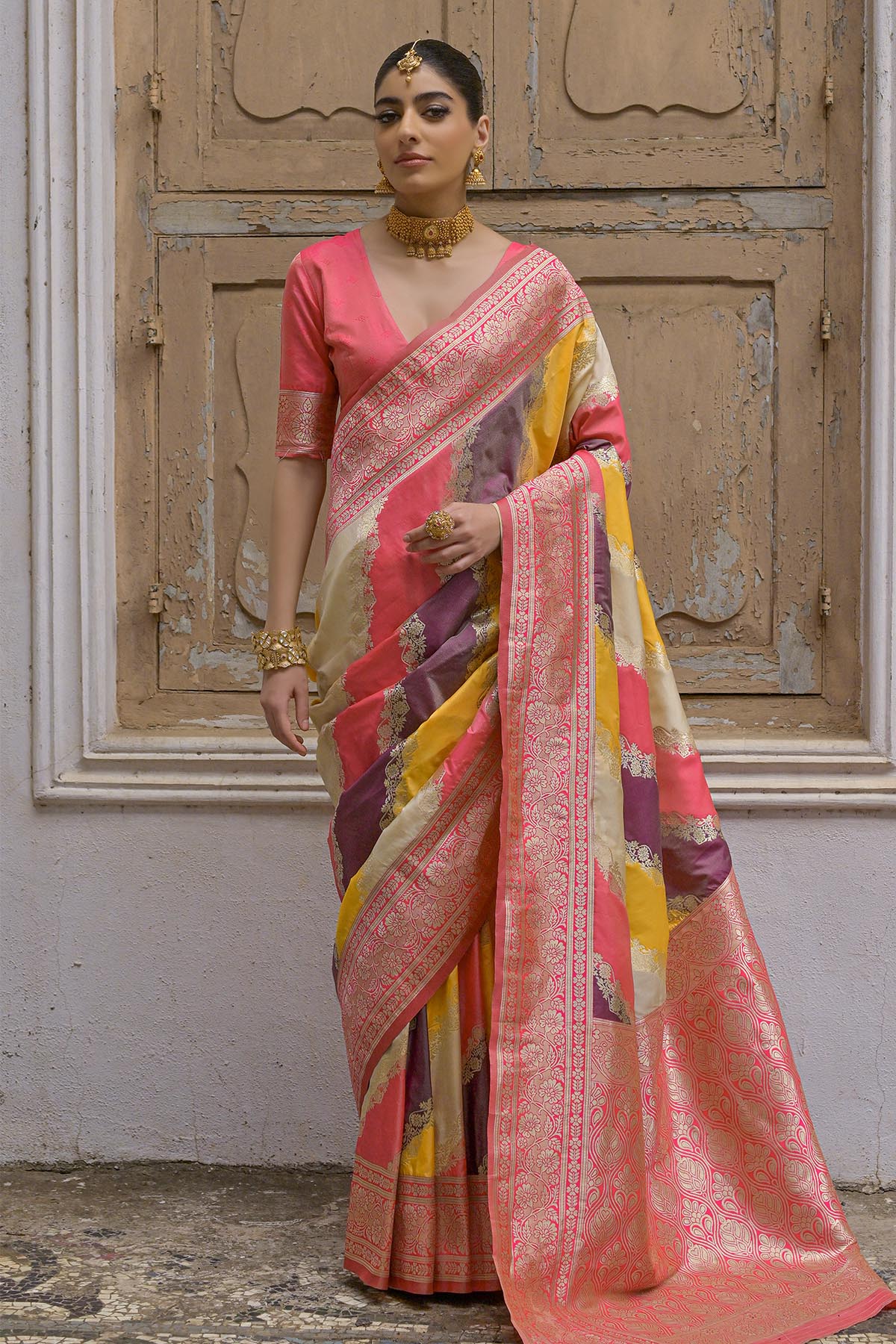 Buy Yellow Zari Banarasi Silk Saree by Lili Lala for women online at ScrollnShops